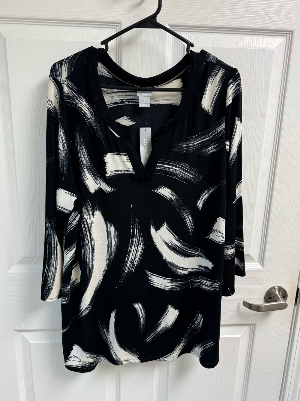 Chico’s Travelers‎ Black Cream Brushstroke Tunic Top Women Wrinkle Resistant